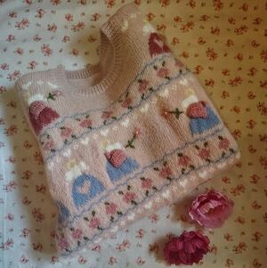 🩷 Vintage Pink Cottagecore Heart Sweater XXS–XS Soft Romantic Knit